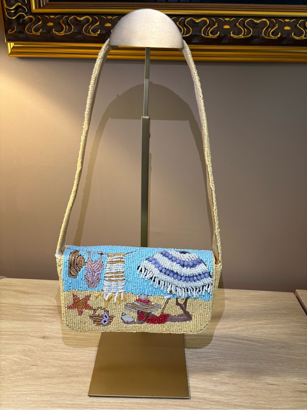 NWT Viral Beaded Beach Scene Shoulder Bag - yellow & Blue